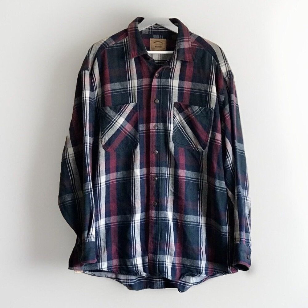 Vintage St Johns Bay Heavyweight Flannel Button Up Shirt Size XLT Blue Green Red